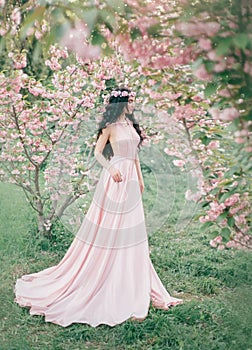 Increíble amable en lujoso suavemente rosa ropa camina en primavera floreciente cereza Huerta 