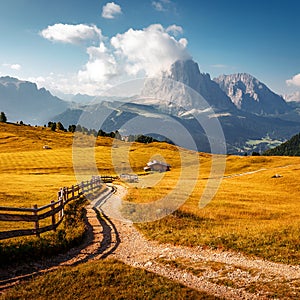 Incredible landscape in Val Gardena with passway on a sunny day. Scenic image of famous Sassolungo peak. Amazing nature background