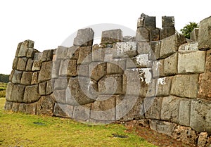 Incredible massive Inca stone walls of Sacsayhuaman fortress on the hill of Cusco city, Peru