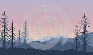 Incredible mountain panorama in the morning with the silhouettes of dry trees around it. Vector illustration