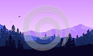 Incredible mountain panorama from the out of the city at dusk with the silhouette of pine trees all around. Vector