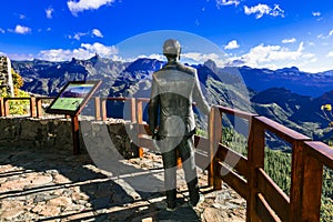 Incredible nature in Artenara village,view with statue and mountains,Gran Canaria,Spain.