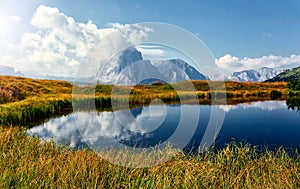 Incredible Nature landscape of Dolomites Alps in spring time. Wonderful Mountain valley with fresh green grass, clear lake and