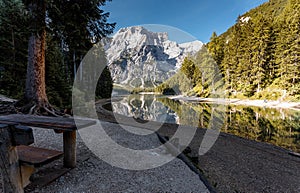 Incredible Nature landscape. Famous alpine place of the world Amazing Braies Lake with Seekofel mount on background. Awesome