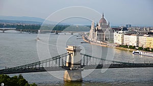 Incredible picturesque sity landscape of the Parliament, the bridge and ships on the Danube in Budapest, Hungary at sunset.