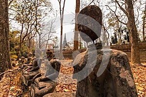 Incredible shot of ancient Buddhist sculptures in an autumnal park