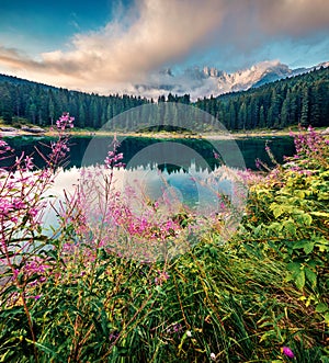 Incredible summer view of Carezza Karersee lake. Amazing morning scene of Dolomiti Alps, Province of Bolzano, South Tyrol, Italy