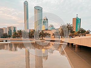 Incredible view of Abu Dhabi city skyline and famous towers | Corniche skyscrapers and downtown