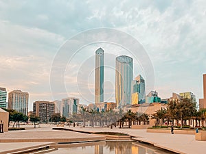 Incredible view of Abu Dhabi city skyline and famous towers | Corniche skyscrapers and downtown