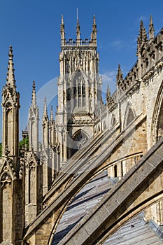 Incredible view of the flying buttresses and architectural details of York Minster Cathedral in Yorkshire, England