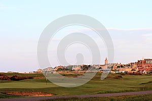 An incredible view of the most famous and historic classic links golf course, the Old Course in St. Andrews, Scotland