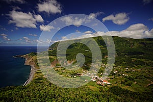 Incredible view of small village on ocean coast on Flores island, Azores
