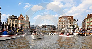 An incredible view on a sunlit fairytale Gent canal, Belgium from one of numerous boats