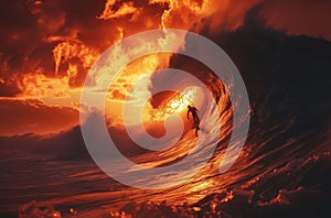 an incredible view of a surfer riding a big wave at sunset