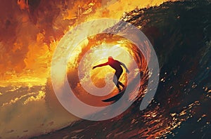 an incredible view of a surfer riding a big wave at sunset