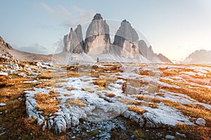 Incredible view of the Three Peaks of Lavaredo in morning light