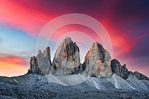 Incredible view of the Three Peaks of Lavaredo on sunset time