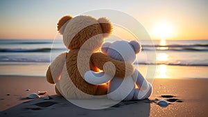 Two Teddy Bears Watching Sunset on the Beach