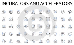 Incubators and Accelerators line icons collection. Central, Executive, Corporate, Command, Lead, Main, Hub vector and