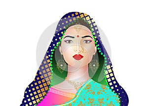 Portrait of beautiful indian girl. Young hindu woman model with kundan jewelry set. Traditional India costume lehenga choli saree