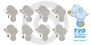 ind the correct shadow. Little Elephant. Educational game for children