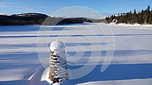 Indalsalven river from Are Undersaker town in winter in Jamtland in Sweden