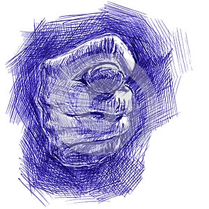 An indecent gesture mean denial.. Hand made sketch with ballpoint pen on paper texture. Isolated on white. Bitmap photo