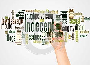Indecent word cloud and hand with marker concept photo