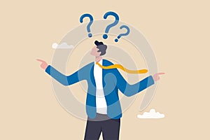 Indecisive manager cannot make decision or choosing choices and alternative, confused or frustrated to decide, worried about which