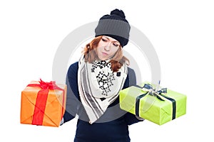 Indecisive woman with presents