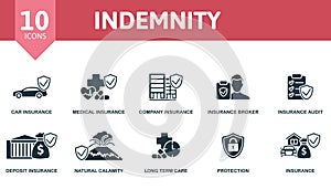 Indemnity icons set. Creative icons: car insurance, medical insurance, company insurance, insurance broker, insurance