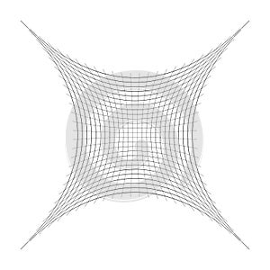 Indented, curved mesh / grid / array of thin lines. Oblate, squeezed, distressed geometric element. Compressed shape