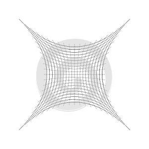 Indented, curved mesh / grid / array of thin lines. Oblate, squeezed, distressed geometric element. Compressed shape