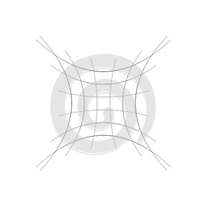 Indented, curved mesh / grid / array of thin lines. Oblate, squeezed, distressed geometric element. Compressed shape