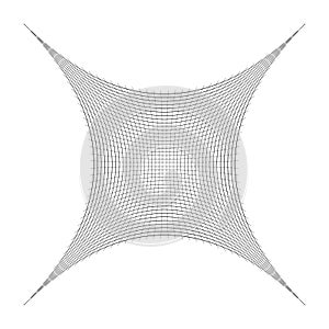 Indented, curved mesh / grid / array of thin lines. Oblate, squeezed, distressed geometric element. Compressed shape