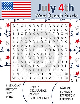 Independence Day 4th July word search puzzle for learning English words. Holiday crossword. Logic game. Patriotism theme.