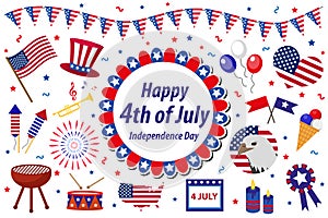 Independence Day America celebration in USA, icons set, design element, flat style. Collection objects for July 4th