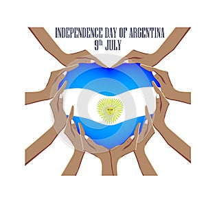 Independence Day of Argentina, illustration with hands in the shape of the heart, inside the national flag