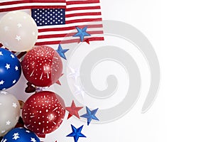 Independence Day background with american flags, balloons, stars. 4th july frame