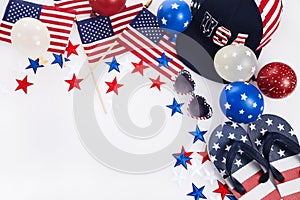 Independence Day background with american flags, balloons, stars. 4th july frame