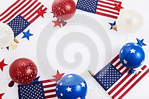 Independence Day background with american flags, balloons, stars. 4th july frame