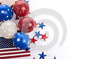 Independence Day background with american flags, balloons, stars. 4th july frame