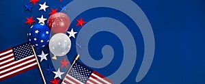 Independence Day background with american flags, balloons, stars. 4th july frame