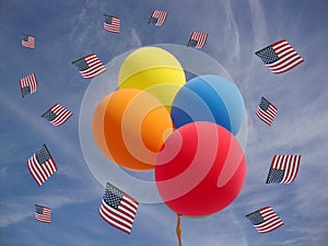 Independence Day Balloons against blue sky with US flags