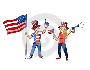 Independence Day boy and girl waving flags