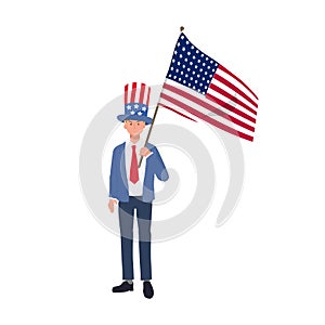 Independence day concept. A man in suit with american flag and hat is celebrating Fourth of July. Flat vector cartoon illustration