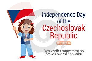 Independence Day of the Czechoslovak Republic, October 28. Cute little girl with Czech Republic flag. Illustration, banner