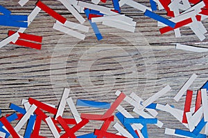 Independence day of different countries, celebrations and holidays concept-close-up of red and blue paper star decoration and