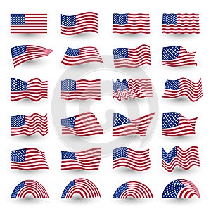 Independence day flag set of united states american symbol wavy shape. july fourth vector logo, illustration.