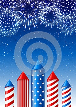 Independence day greeting card with firework rockets on night starry sky background